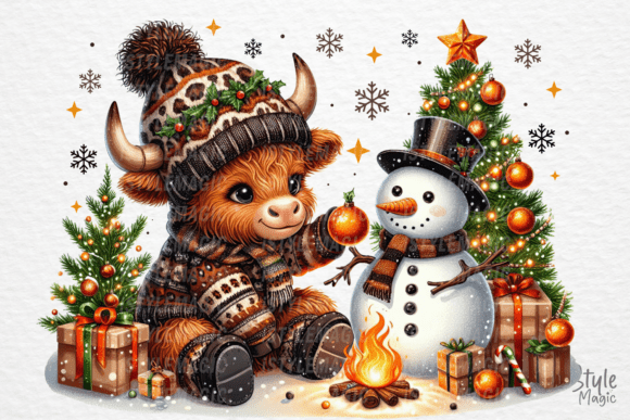 Download Christmas Cute Snowman Highland Cow PNG - Premium Bundle
