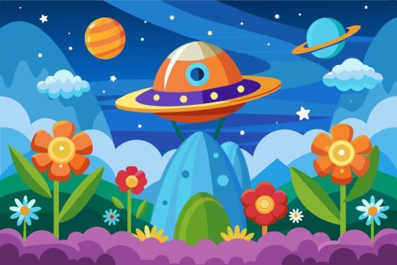 Download Spaceship Sky Cartoon with Flowers on a - Flower Collection